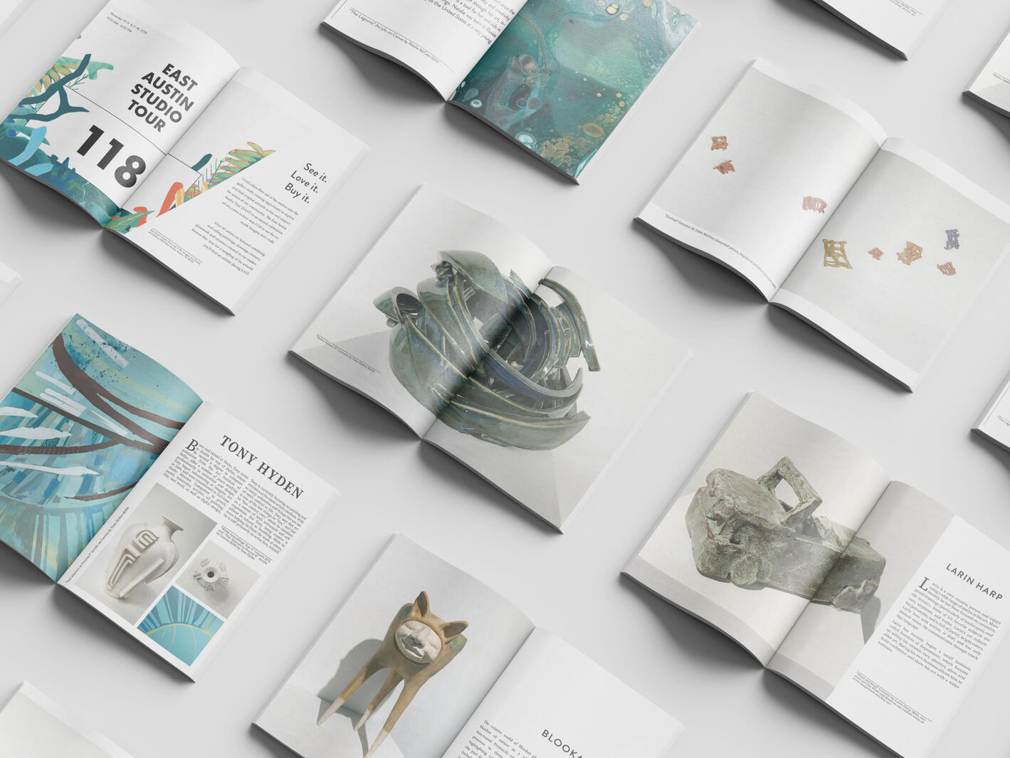 Publication design, creative direction, artwork photography, and artist interviews for a regional arts publication.