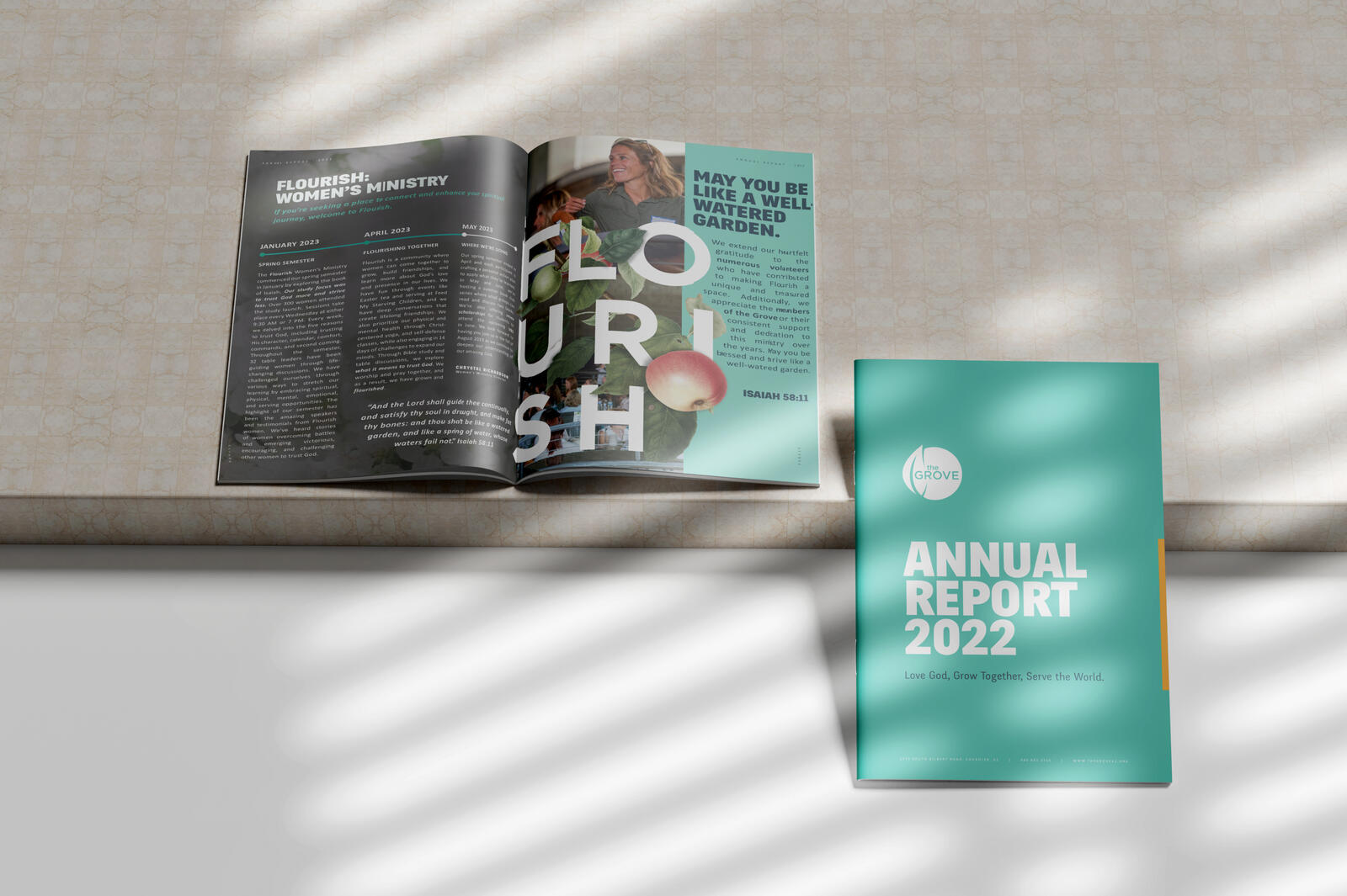 Annual report design, editorial layout, and collaborative content development.