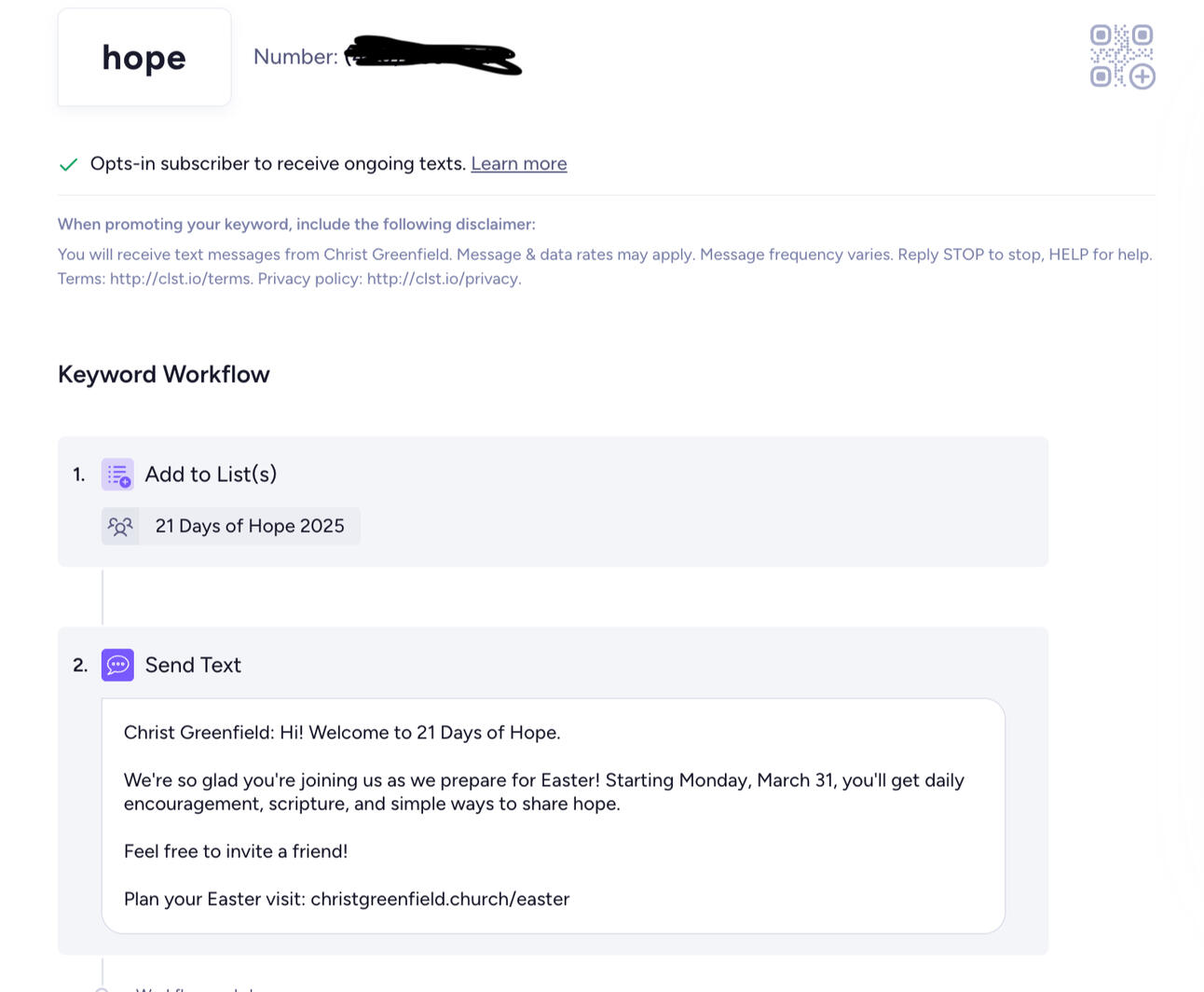 Automated SMS journey supporting daily encouragement and campaign follow-up, shown here using a workflow from the previous year’s campaign.
